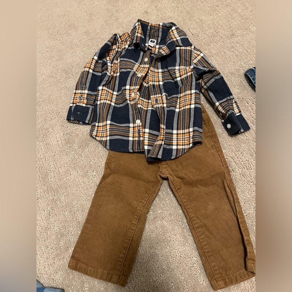Janie and Jack toddler boy outfit, cordory pants and long sleeve shirt 12-18m
